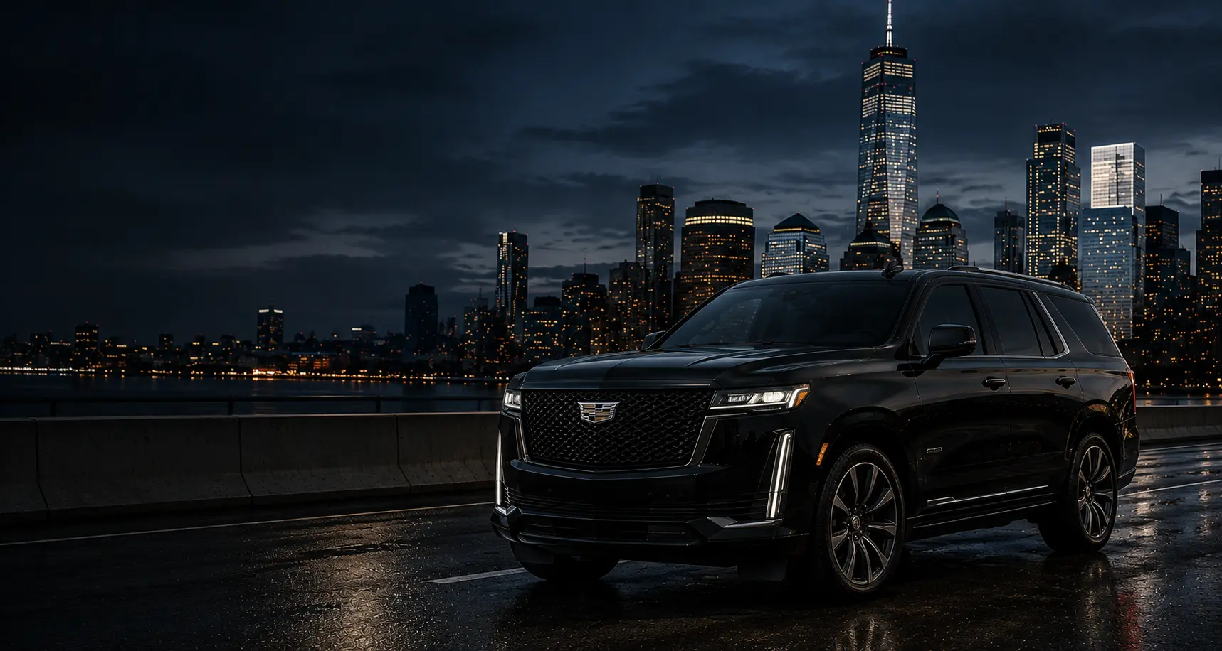 2026 black luxury Cadillac Escalade SUV parked on a wet city street at night with a modern skyline for nationwide limousine and chauffeur service