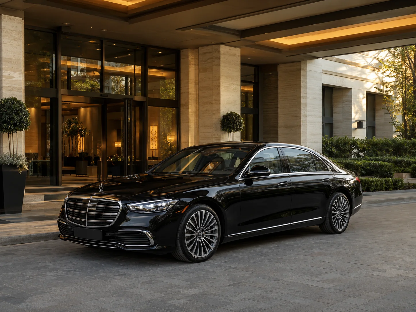Black luxury sedan waiting outside an upscale hotel for chauffeur transfer service