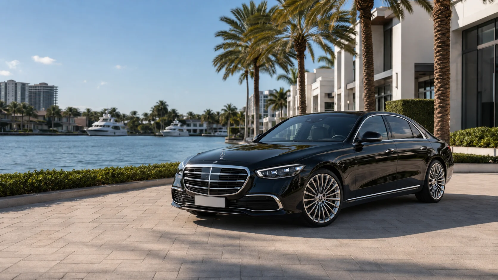 Black luxury sedan providing Fort Lauderdale limo service near the waterfront