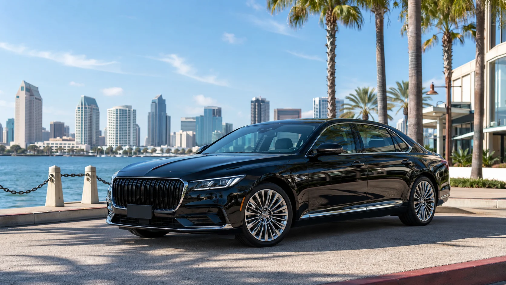 Black luxury sedan providing limousine service in San Diego California
